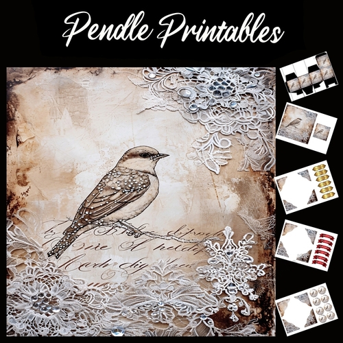Crystal And Lace Birds 4 7x7 Card Kit. Matching Box, Gift Bauble,Tag