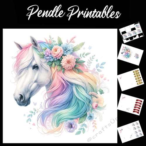 Beautiful Horses In Bloom 1 7x7 Card Kit. Matching Box, Gift Bauble,Tag