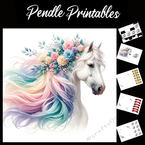 Beautiful Horses In Bloom 2 7x7 Card Kit. Matching Box, Gift Bauble,Tag