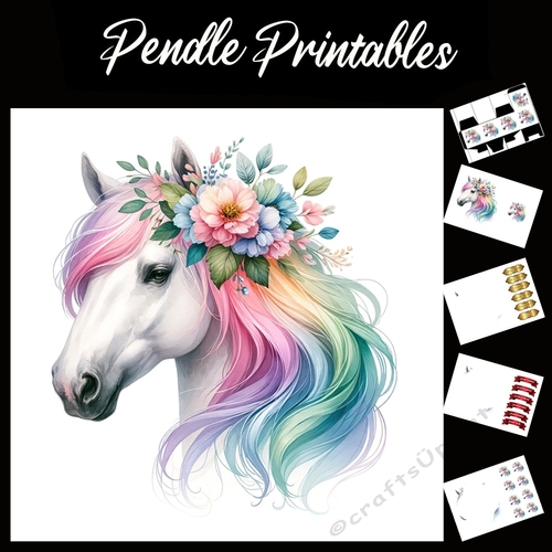 Beautiful Horses In Bloom 5 7x7 Card Kit. Matching Box, Gift Bauble,Tag