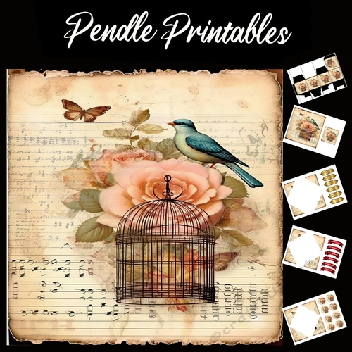 Antique Style Beautiful Bird Song 1 7x7 Card Kit. Matching Box, Gift Bauble,Tag