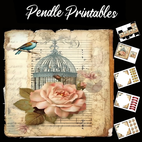 Antique Style Beautiful Bird Song 2 7x7 Card Kit. Matching Box, Gift Bauble,Tag
