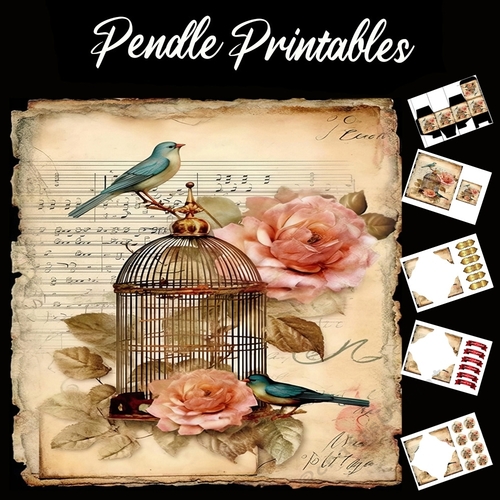 Antique Style Beautiful Bird Song 3 7x7 Card Kit. Matching Box, Gift Bauble,Tag