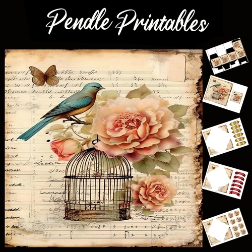 Antique Style Beautiful Bird Song 6 7x7 Card Kit. Matching Box, Gift Bauble,Tag
