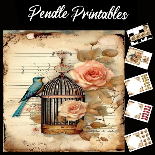 Antique Style Beautiful Bird Song 7 7x7 Card Kit. Matching Box, Gift Bauble,Tag