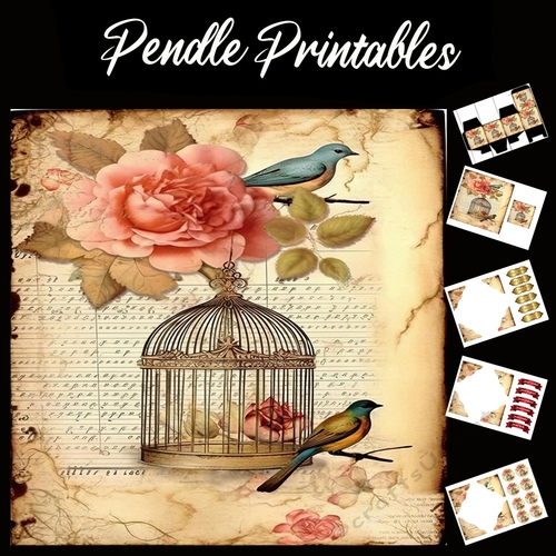 Antique Style Beautiful Bird Song 8 7x7 Card Kit. Matching Box, Gift Bauble,Tag