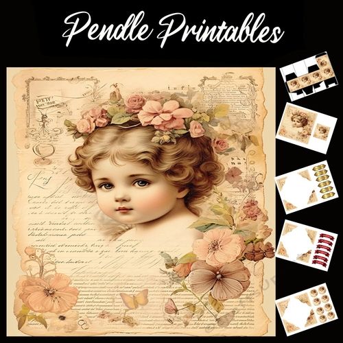 Vintage: Girl With Flowers In Hair 2 7x7 Card Kit. Matching Box, Gift Bauble,Tag