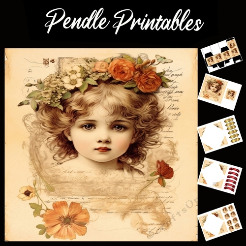 Vintage: Girl With Flowers In Hair 3 7x7 Card Kit. Matching Box, Gift Bauble,Tag