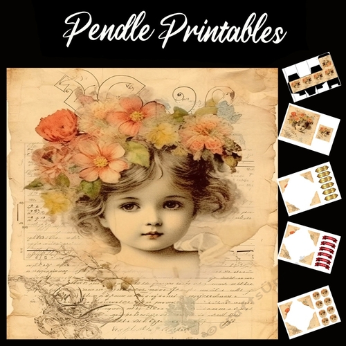 Vintage: Girl With Flowers In Hair 4 7x7 Card Kit. Matching Box, Gift Bauble,Tag