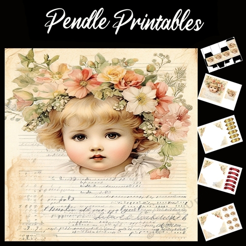 Vintage: Girl With Flowers In Hair 8 7x7 Card Kit. Matching Box, Gift Bauble,Tag