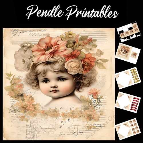 Vintage: Girl With Flowers In Hair 11 7x7 Card Kit. Matching Box, Gift Bauble,Tag