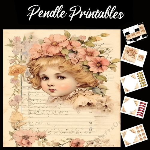 Vintage: Girl With Flowers In Hair 12 7x7 Card Kit. Matching Box, Gift Bauble,Tag