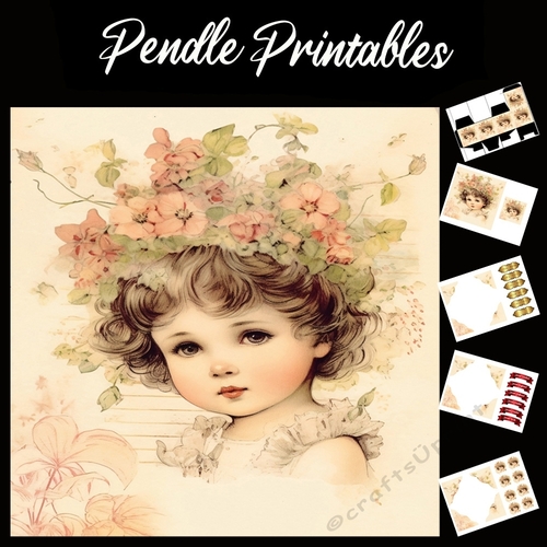 Vintage: Girl With Flowers In Hair 12a 7x7 Card Kit. Matching Box, Gift Bauble,Tag