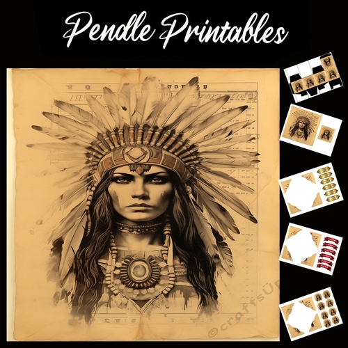 Vintage: Native American Lady 7x7 Card Kit. Matching Box, Gift Bauble,Tag