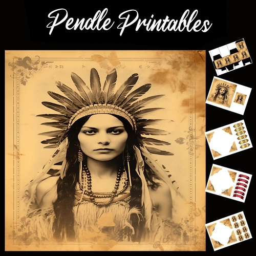 Vintage: Native American Lady 2 7x7 Card Kit. Matching Box, Gift Bauble,Tag