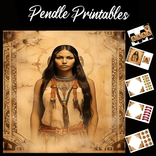 Vintage: Native American Lady 3 7x7 Card Kit. Matching Box, Gift Bauble,Tag