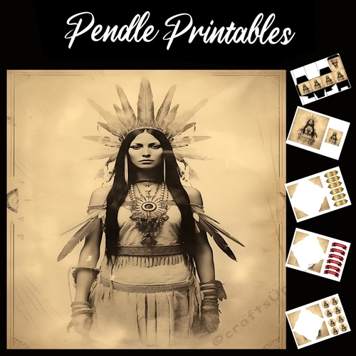 Vintage: Native American Lady 4 7x7 Card Kit. Matching Box, Gift Bauble,Tag