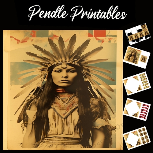 Vintage: Native American Lady 5 7x7 Card Kit. Matching Box, Gift Bauble,Tag