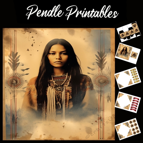 Vintage: Native American Lady 6 7x7 Card Kit. Matching Box, Gift Bauble,Tag