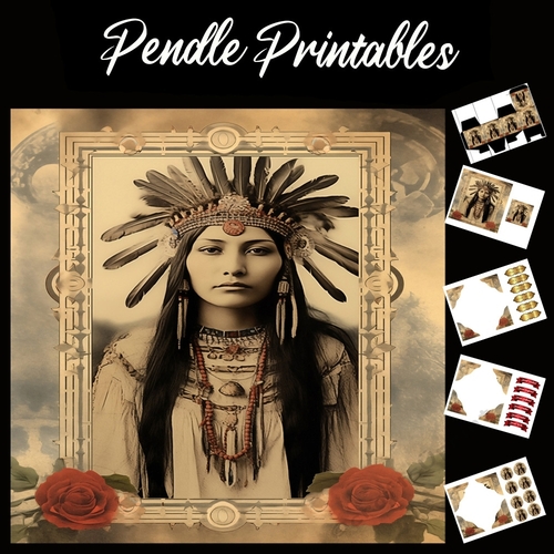 Vintage: Native American Lady 7 7x7 Card Kit. Matching Box, Gift Bauble,Tag
