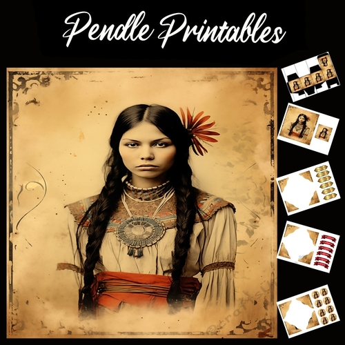Vintage: Native American Lady 8 7x7 Card Kit. Matching Box, Gift Bauble,Tag