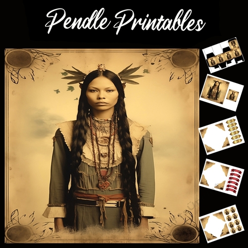 Vintage: Native American Lady 9 7x7 Card Kit. Matching Box, Gift Bauble,Tag