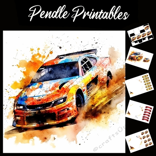 Watercolour: Rally Car In Motion 7x7 Card Kit. Matching Box, Gift Bauble,Tag