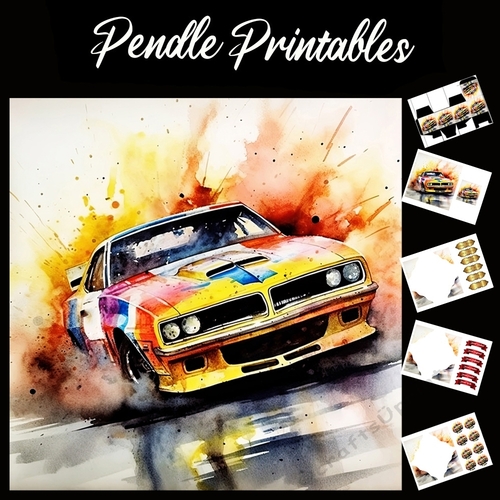 Watercolour: Rally Car In Motion 2 7x7 Card Kit. Matching Box, Gift Bauble,Tag