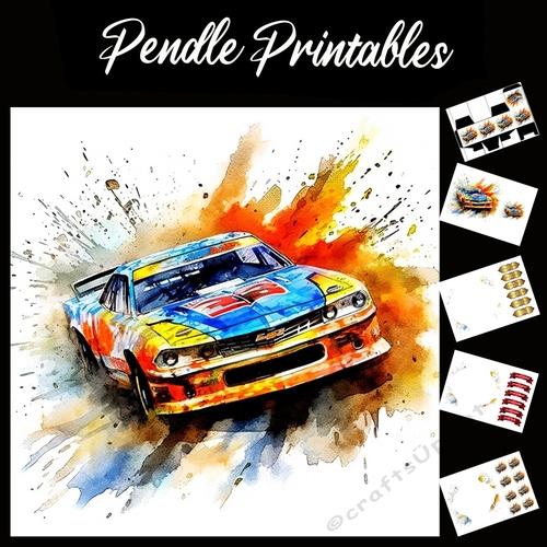 Watercolour: Rally Car In Motion 3 7x7 Card Kit. Matching Box, Gift Bauble,Tag