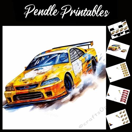 Watercolour: Rally Car In Motion 4 7x7 Card Kit. Matching Box, Gift Bauble,Tag