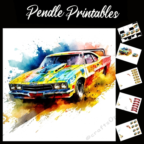 Watercolour: Rally Car In Motion 5 7x7 Card Kit. Matching Box, Gift Bauble,Tag