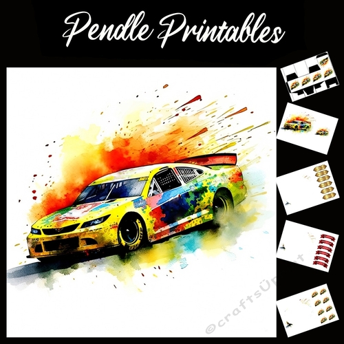Watercolour: Rally Car In Motion 6 7x7 Card Kit. Matching Box, Gift Bauble,Tag