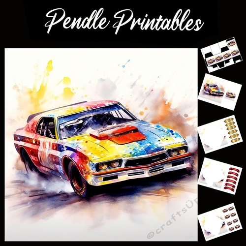 Watercolour: Rally Car In Motion 7 7x7 Card Kit. Matching Box, Gift Bauble,Tag