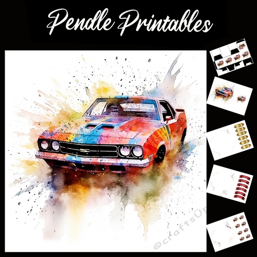 Watercolour: Rally Car In Motion 8 7x7 Card Kit. Matching Box, Gift Bauble,Tag