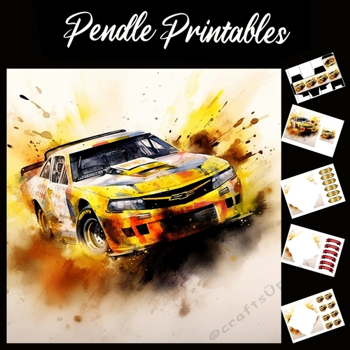 Watercolour: Rally Car In Motion 9 7x7 Card Kit. Matching Box, Gift Bauble,Tag
