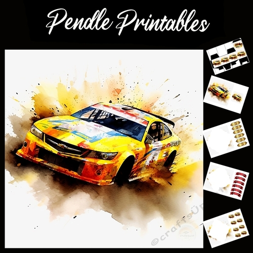 Watercolour: Rally Car In Motion 10 7x7 Card Kit. Matching Box, Gift Bauble,Tag