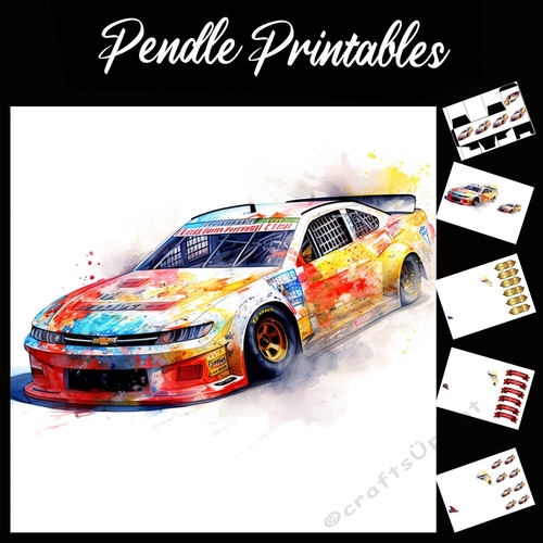 Watercolour: Rally Car In Motion 11 7x7 Card Kit. Matching Box, Gift Bauble,Tag