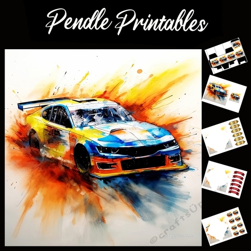 Watercolour: Rally Car In Motion 12 7x7 Card Kit. Matching Box, Gift Bauble,Tag