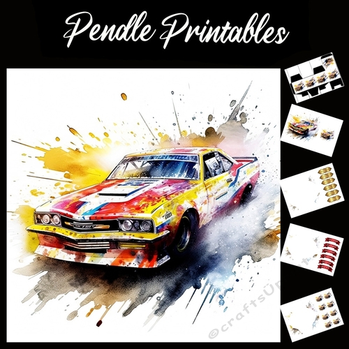 Watercolour: Rally Car In Motion 12a 7x7 Card Kit. Matching Box, Gift Bauble,Tag