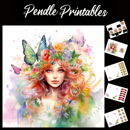 Watercolour: Butterfly Lady 7x7 Card Kit. Matching Box, Gift Bauble,Tag