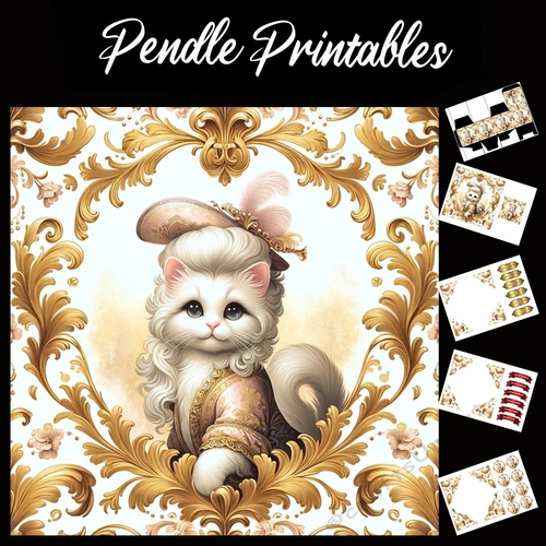 Cute Rococo Style Aristo-Cat 7x7 Card Kit. Matching Box, Gift Bauble,Tag