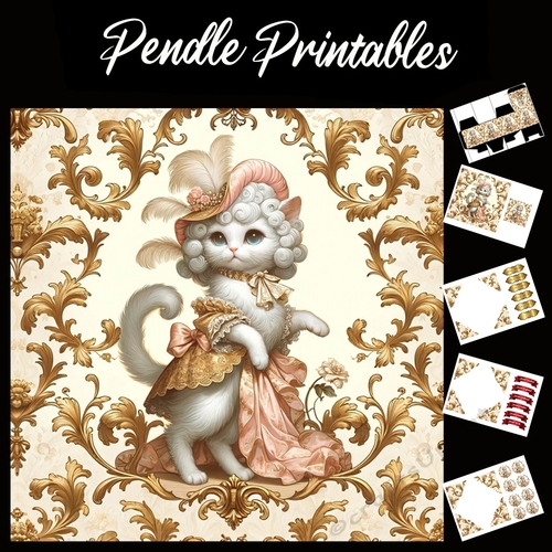 Cute Rococo Style Aristo-Cat 2 7x7 Card Kit. Matching Box, Gift Bauble,Tag