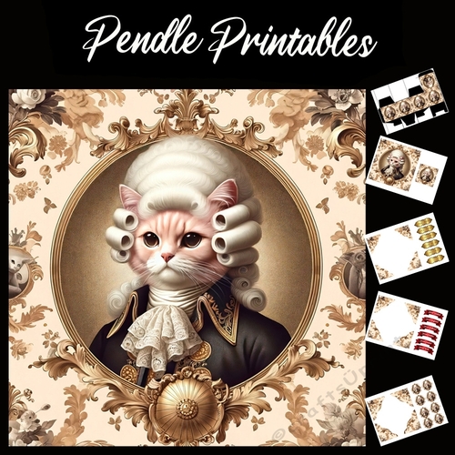 Cute Rococo Style Aristo-Cat 3 7x7 Card Kit. Matching Box, Gift Bauble,Tag