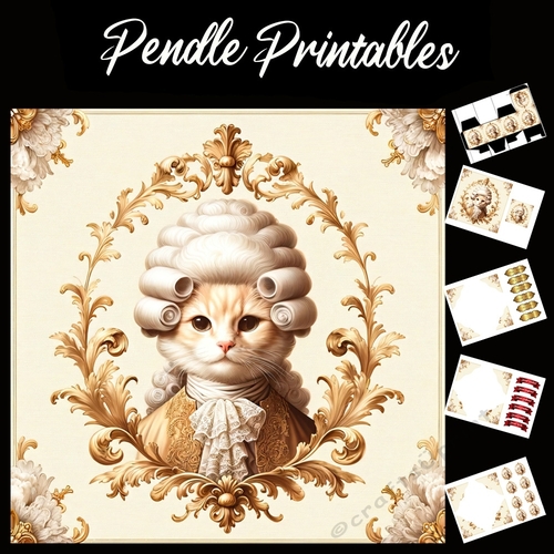 Cute Rococo Style Aristo-Cat 4 7x7 Card Kit. Matching Box, Gift Bauble,Tag