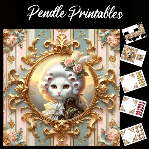 Cute Rococo Style Aristo-Cat 5 7x7 Card Kit. Matching Box, Gift Bauble,Tag