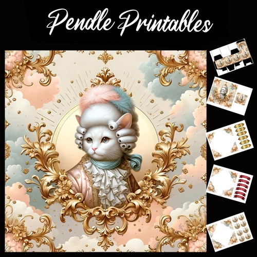 Cute Rococo Style Aristo-Cat 6 7x7 Card Kit. Matching Box, Gift Bauble,Tag