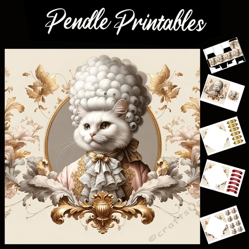 Cute Rococo Style Aristo-Cat 7 7x7 Card Kit. Matching Box, Gift Bauble,Tag