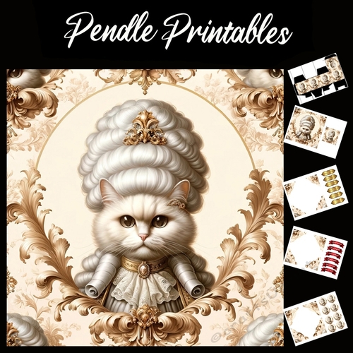 Cute Rococo Style Aristo-Cat 8 7x7 Card Kit. Matching Box, Gift Bauble,Tag
