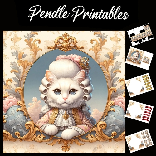Cute Rococo Style Aristo-Cat 9 7x7 Card Kit. Matching Box, Gift Bauble,Tag