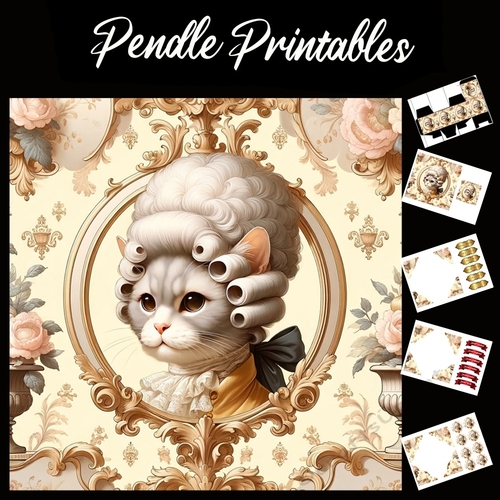 Cute Rococo Style Aristo-Cat 10 7x7 Card Kit. Matching Box, Gift Bauble,Tag